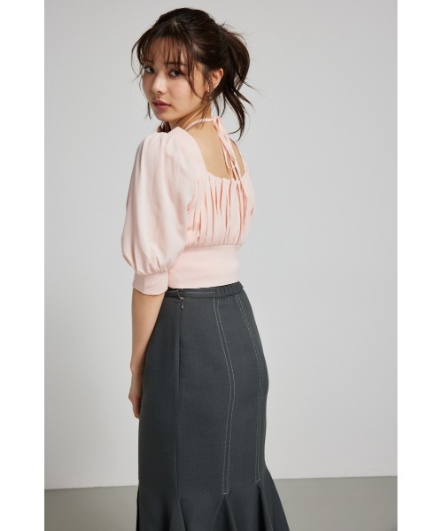 rienda（リエンダ）の「バストギャザークロップハーフスリーブニットトップス 半袖 夏服 サマーニット（ニット/セーター・レディース・ブラック/ライトピンク/ライトブルー/ホワイト・FREE）」の19枚目の写真