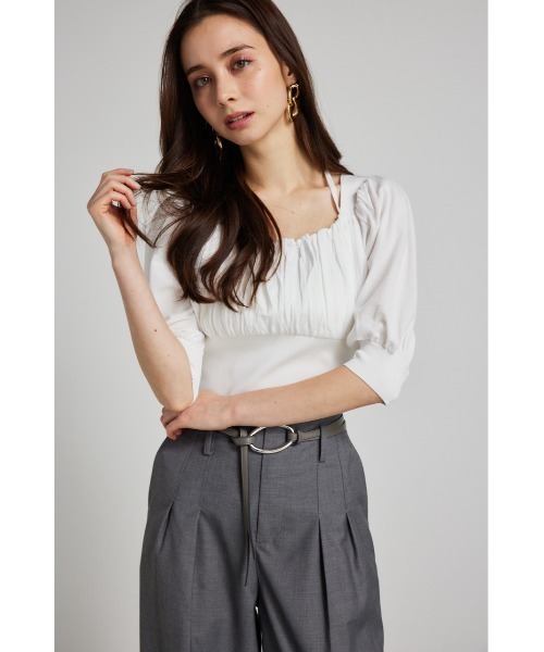 rienda（リエンダ）の「バストギャザークロップハーフスリーブニットトップス 半袖 夏服 サマーニット（ニット/セーター・レディース・ブラック/ライトピンク/ライトブルー/ホワイト・FREE）」の5枚目の写真