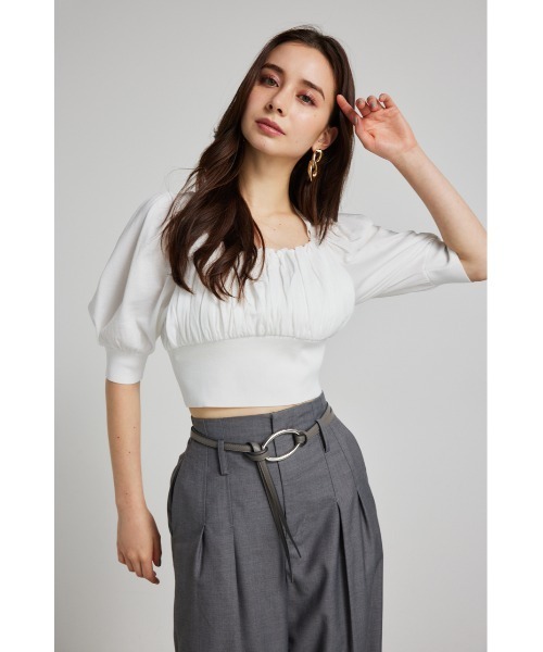 rienda（リエンダ）の「バストギャザークロップハーフスリーブニットトップス 半袖 夏服 サマーニット（ニット/セーター・レディース・ブラック/ライトピンク/ライトブルー/ホワイト・FREE）」の6枚目の写真