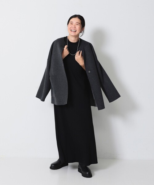 デミルクス ビームス　ショートビーバー ノーカラーコート　ウール　ロング　黒 Demi-Luxe BEAMS（デミルクス ビームス）ウール リバー ロング