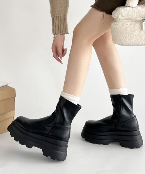 ブーツ シューズ 厚底 カットオフ ストレッチ 34/39 厚底ブーツ ローカット アンクルブーツ レースアップ