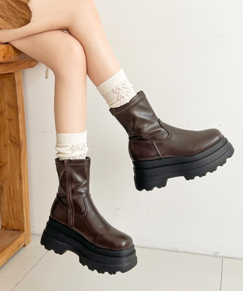 セール】厚底 トリプルソール ストレッチ フィット ショートブーツ