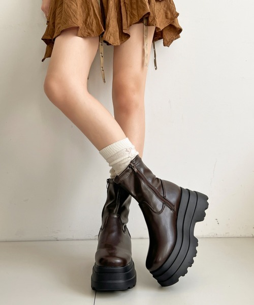 セール】厚底 トリプルソール ストレッチ フィット ショートブーツ