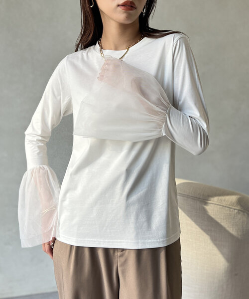 Chez toi(シェトワ)の「袖チュールカットプルオーバー(Tシャツ/カットソー・レディース・オフホワイト/チャコールグレー/ブラック・FREE)」の14枚目の写真