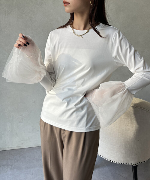 Chez toi(シェトワ)の「袖チュールカットプルオーバー(Tシャツ/カットソー・レディース・オフホワイト/チャコールグレー/ブラック・FREE)」の15枚目の写真