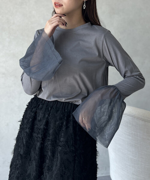 Chez toi(シェトワ)の「袖チュールカットプルオーバー(Tシャツ/カットソー・レディース・オフホワイト/チャコールグレー/ブラック・FREE)」の8枚目の写真