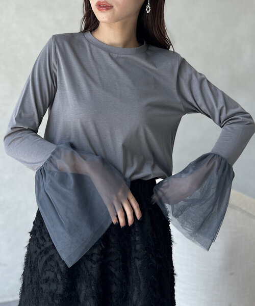 Chez toi(シェトワ)の「袖チュールカットプルオーバー(Tシャツ/カットソー・レディース・オフホワイト/チャコールグレー/ブラック・FREE)」の9枚目の写真
