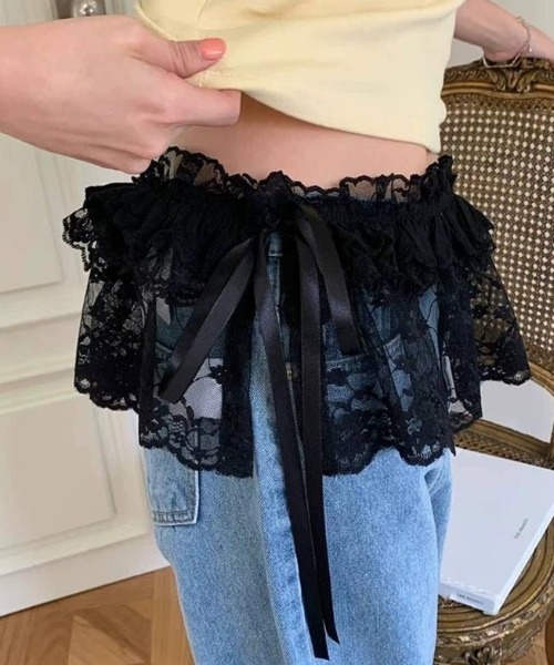 Achic（アシック）の「レースリボンレイヤードシアースカート（ベルト・レディース・ブラック/ホワイト・M）」の6枚目の写真