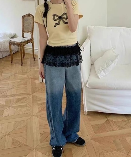 Achic（アシック）の「レースリボンレイヤードシアースカート（ベルト・レディース・ブラック/ホワイト・M）」の12枚目の写真