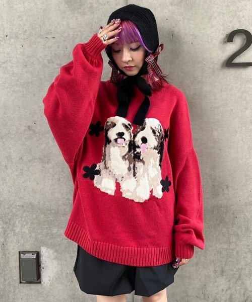 Candy Stripper（キャンディストリッパー）の「TWIN PUPPIES ニット（ニット/セーター・レディース・レッド/アイボリー/ブラック・2）」の19枚目の写真