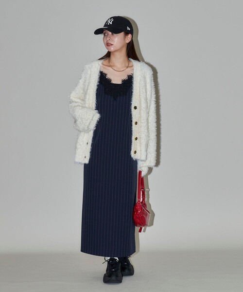 PUBLUX（パブリュクス）の「PUBLUX/パブリュクス ピンストライプ レース ロングキャミワンピース　限定展開（ワンピース・レディース・チャコールグレー/ネイビー・ﾌﾘ-）」の4枚目の写真