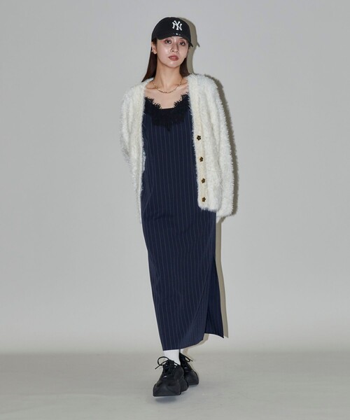 PUBLUX（パブリュクス）の「PUBLUX/パブリュクス ピンストライプ レース ロングキャミワンピース　限定展開（ワンピース・レディース・チャコールグレー/ネイビー・ﾌﾘ-）」の5枚目の写真