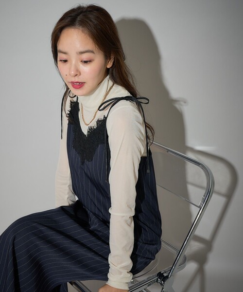 PUBLUX（パブリュクス）の「PUBLUX/パブリュクス ピンストライプ レース ロングキャミワンピース　限定展開（ワンピース・レディース・チャコールグレー/ネイビー・ﾌﾘ-）」の14枚目の写真