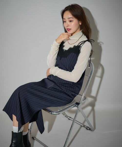 PUBLUX（パブリュクス）の「PUBLUX/パブリュクス ピンストライプ レース ロングキャミワンピース　限定展開（ワンピース・レディース・チャコールグレー/ネイビー・ﾌﾘ-）」の15枚目の写真