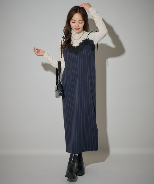 PUBLUX（パブリュクス）の「PUBLUX/パブリュクス ピンストライプ レース ロングキャミワンピース　限定展開（ワンピース・レディース・チャコールグレー/ネイビー・ﾌﾘ-）」の16枚目の写真