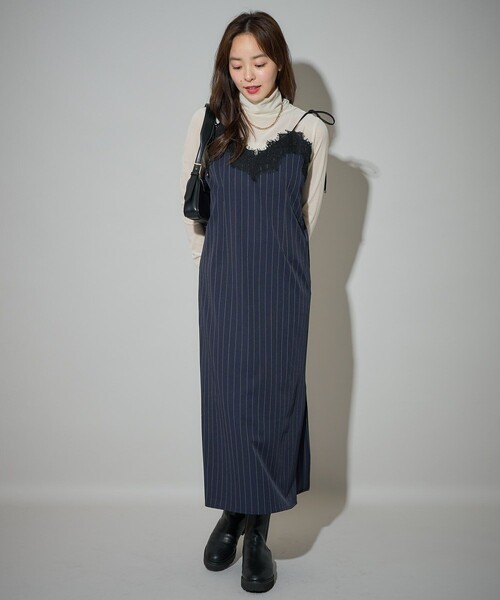 PUBLUX（パブリュクス）の「PUBLUX/パブリュクス ピンストライプ レース ロングキャミワンピース　限定展開（ワンピース・レディース・チャコールグレー/ネイビー・ﾌﾘ-）」の17枚目の写真