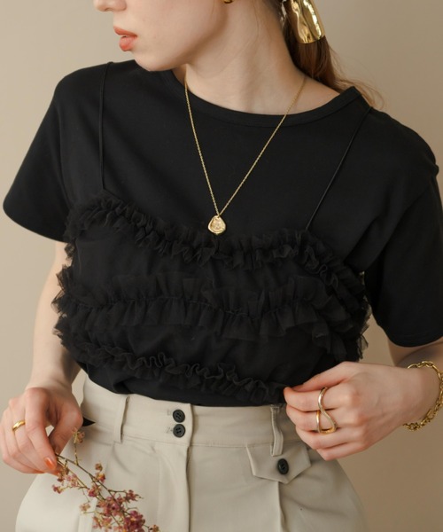 POCHADOL♡チュールビスチェ セール】2WAYショート丈深Vネック花柄刺繍レースシアーフリル