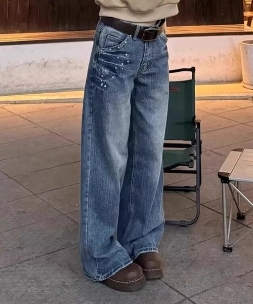 MEMECLE（メメクル）の「【 MEMECLE / メメクル 】ポイントビジュー ラインストーン デニムパンツ（デニムパンツ・レディース・ブルー/ブラック・S/M/L）」の3枚目の写真