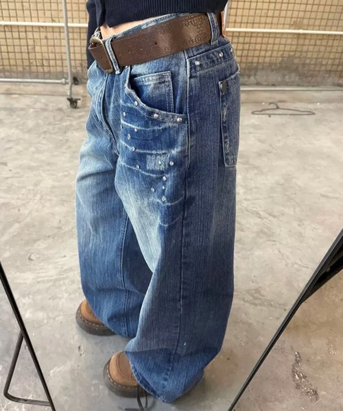 MEMECLE（メメクル）の「【 MEMECLE / メメクル 】ポイントビジュー ラインストーン デニムパンツ（デニムパンツ・レディース・ブルー/ブラック・S/M/L）」の6枚目の写真