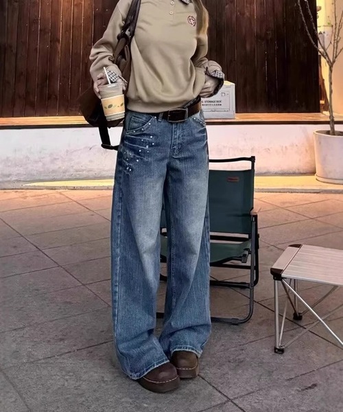 MEMECLE（メメクル）の「【 MEMECLE / メメクル 】ポイントビジュー ラインストーン デニムパンツ（デニムパンツ・レディース・ブルー/ブラック・S/M/L）」の8枚目の写真