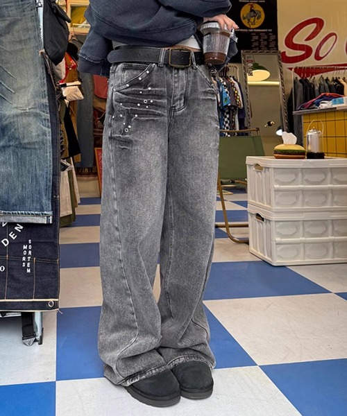 MEMECLE（メメクル）の「【 MEMECLE / メメクル 】ポイントビジュー ラインストーン デニムパンツ（デニムパンツ・レディース・ブルー/ブラック・S/M/L）」の16枚目の写真