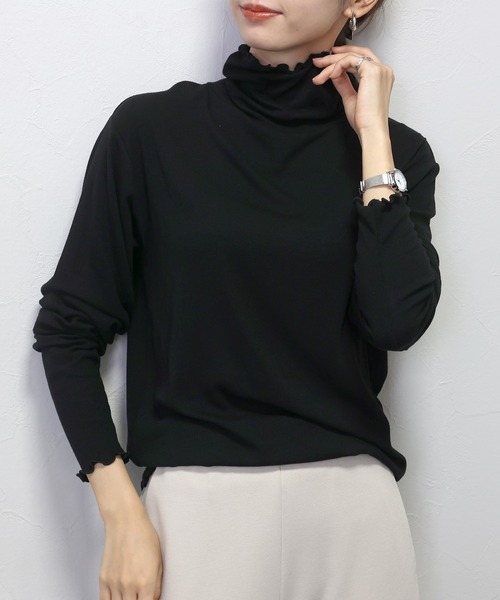 Aletta vita(アレッタビータ)の「細リブストレッチメロータートルプルオーバー(Tシャツ/カットソー・レディース・杢グレー/ブラック/オリーブ/ダークブラウン・FREE)」の1枚目の写真