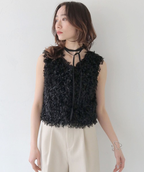 CLEIO（クレイオ）の「【CLEIO】フェザーフリンジベスト FEATHER FRINGE VEST/980-13602（Tシャツ/カットソー・レディース・アイボリー/ブラック・FREE）」の2枚目の写真