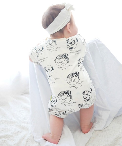 MAKE YOUR DAY（メイクユアデイ）の「じいちゃんばあちゃん総柄半袖ロンパス（ロンパース・キッズ・ミント/オフホワイト・70/80）」の20枚目の写真