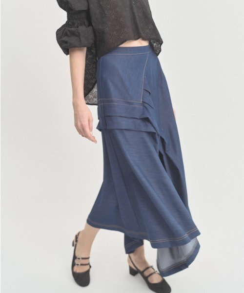 Muel Chic(ミュエルシック)の「Kelsey soft denim skirt ケルシーソフトデニムスカート(スカート・レディース・ライトインディゴブルー/ダークインディゴブルー/ブラック・FREE)」の3枚目の写真