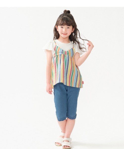 Moujonjon（ムージョンジョン）の「ストライプチュニック重ね着風半袖Tシャツ（Tシャツ/カットソー・キッズ・ホワイト・80/90/100/110/120/130/140）」の6枚目の写真