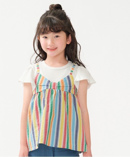 Moujonjon（ムージョンジョン）の「ストライプチュニック重ね着風半袖Tシャツ（Tシャツ/カットソー・キッズ・ホワイト・80/90/100/110/120/130/140）」の7枚目の写真