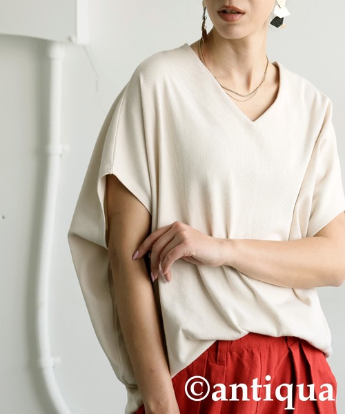 antiqua(アンティカ)の「2タイプ シュッと美 トップス(Tシャツ/カットソー・レディース・ライム/グレー/アイボリー/ブラック系その他/ブラウン系その他/グレイッシュベージュ/ブルー/レッド・B/V)」の13枚目の写真