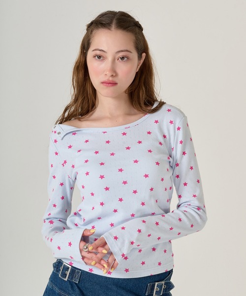 ショルダー開き スタープリントロンT TINA：JOJUN（Tシャツ/カットソー
