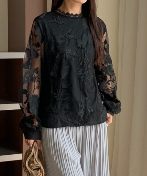 フォースメント Forcement ボリュームスリーブフラワー刺繍レース透け感長袖ブラウス （ブラック） フォースメント Forcement ボリュームスリーブフラワー刺繍