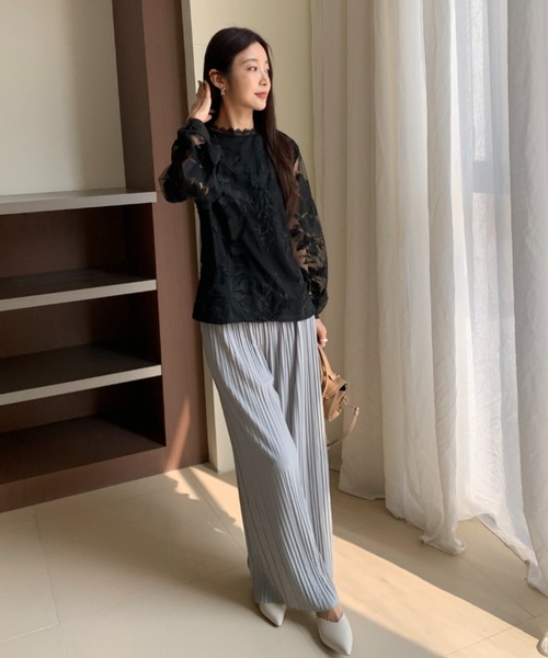 セール】ボリュームスリーブ刺繍レース透け感バンドカラーブラウス