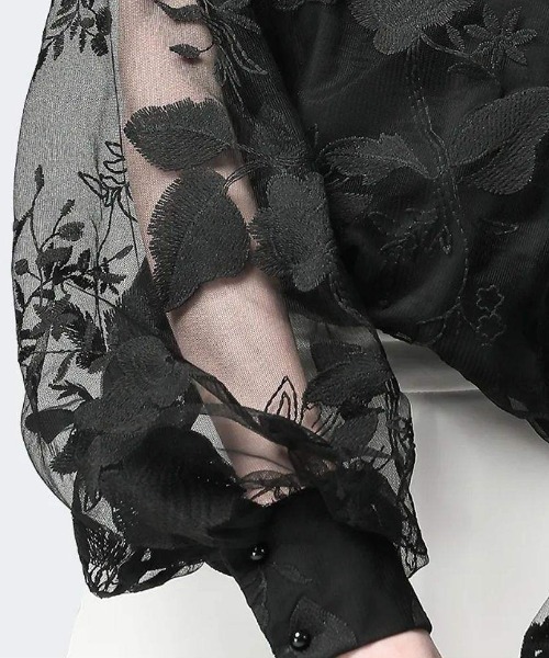 セール】ボリュームスリーブ刺繍レース透け感バンドカラー