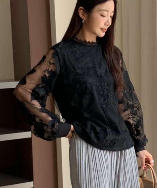 フォースメント Forcement ボリュームスリーブフラワー刺繍レース透け感長袖ブラウス （ブラック） フォースメント Forcement ボリュームスリーブフラワー刺繍