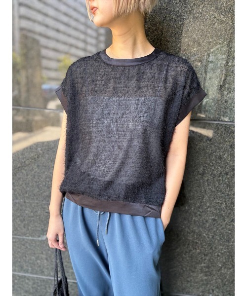 Day and Grade(デイアンドグレイド)の「シアーフリンジジョーゼット / ストレッチ・Tシャツ(Tシャツ/カットソー・レディース・アイボリー/ブラック・FREE)」の1枚目の写真