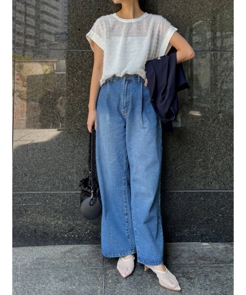 Day and Grade(デイアンドグレイド)の「シアーフリンジジョーゼット / ストレッチ・Tシャツ(Tシャツ/カットソー・レディース・アイボリー/ブラック・FREE)」の14枚目の写真