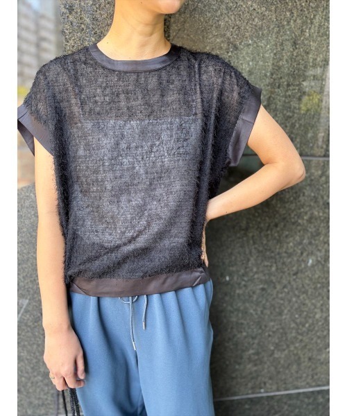 Day and Grade(デイアンドグレイド)の「シアーフリンジジョーゼット / ストレッチ・Tシャツ(Tシャツ/カットソー・レディース・アイボリー/ブラック・FREE)」の9枚目の写真