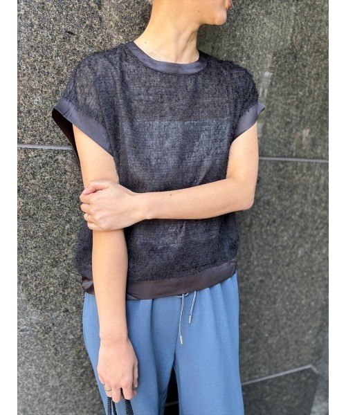 Day and Grade(デイアンドグレイド)の「シアーフリンジジョーゼット / ストレッチ・Tシャツ(Tシャツ/カットソー・レディース・アイボリー/ブラック・FREE)」の10枚目の写真