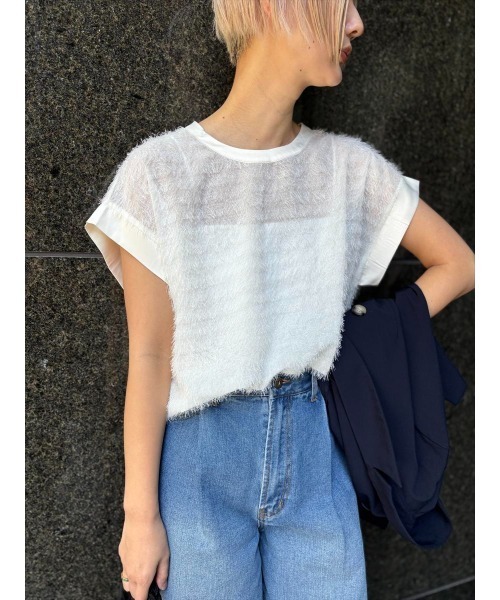 Day and Grade(デイアンドグレイド)の「シアーフリンジジョーゼット / ストレッチ・Tシャツ(Tシャツ/カットソー・レディース・アイボリー/ブラック・FREE)」の3枚目の写真