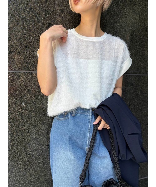 Day and Grade(デイアンドグレイド)の「シアーフリンジジョーゼット / ストレッチ・Tシャツ(Tシャツ/カットソー・レディース・アイボリー/ブラック・FREE)」の4枚目の写真