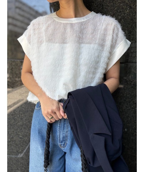 Day and Grade(デイアンドグレイド)の「シアーフリンジジョーゼット / ストレッチ・Tシャツ(Tシャツ/カットソー・レディース・アイボリー/ブラック・FREE)」の5枚目の写真