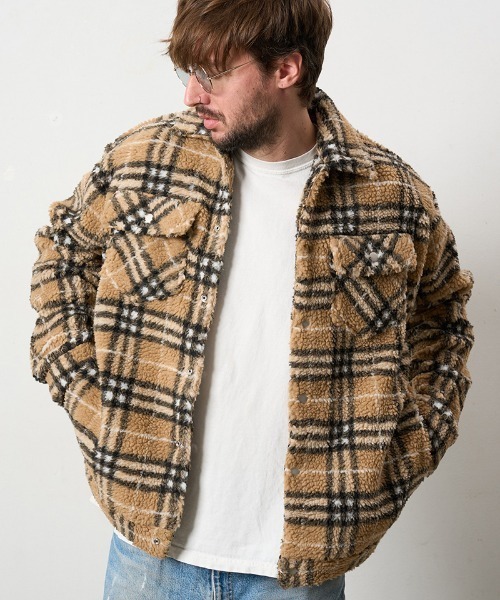 STUD MUFFIN(スタッドマフィン)の「mj10736- ブロックチェックムックボア サガラパッチワークブルゾン(ブルゾン・メンズ・ベージュ/ブルー/ミックスグレー・2/3/4)」の6枚目の写真