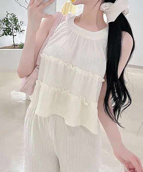 セール】セットアップ ティアードフリルノースリーブトップス