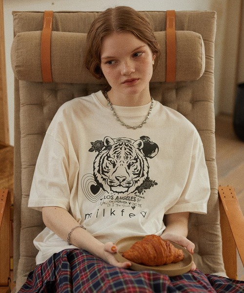 ミルクフェド MILKFED. タイガーショートスリーブティー 103253011005 FW25 TIGER S S TEE レディース トップス 半袖Tシャツ BLUE  正規取扱店 ミルクフェド MILKFED. タイガーショートスリーブティー