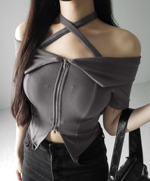 【 3color 】ダブルジップクロスネックオフショルTシャツ / double zip cross neck off shoulder T-shirt