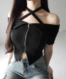 【 3color 】ダブルジップクロスネックオフショルTシャツ / double zip cross neck off shoulder T-shirt