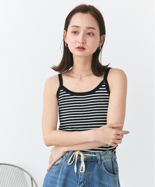 ad thie(アドティエ)の「ボーダー ニット キャミソール(キャミソール・レディース・ピンク/ライトグリーン/オフホワイト/ブラック・FREE)」の12枚目の写真
